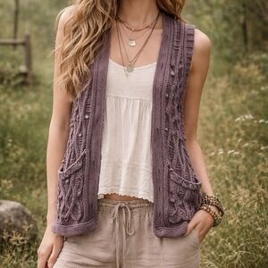 Nine West Vintage America Purple Knit Vest Lagenlook Boho Pom Pom Size Small